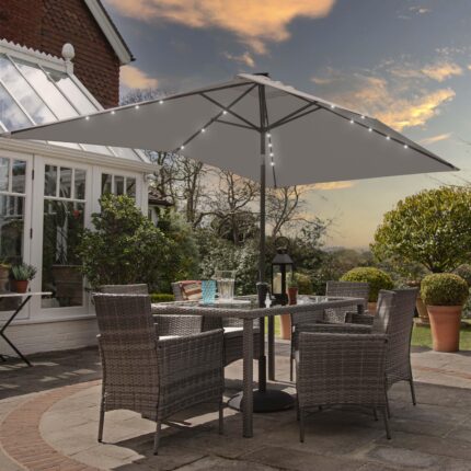 Marston 6 Seater Rattan Garden Dining Set with Grey LED Premium Parasol - Grey - Glass Top