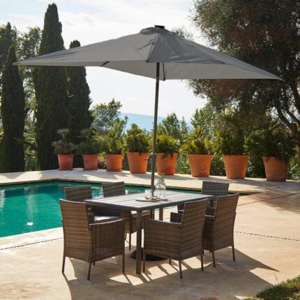 Marston 6 Seater Rattan Garden Dining Set with Grey LED Premium Parasol - Grey - Polywood Top