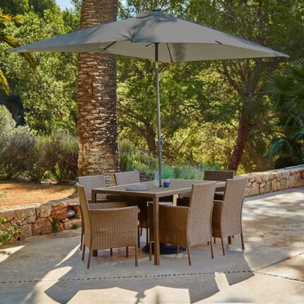 Marston 6 Seater Rattan Garden Dining Set with Grey LED Premium Parasol - Natural Brown - Polywood Top