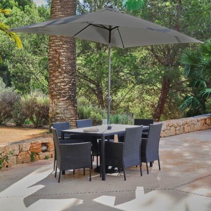 Marston 6 Seater Rattan Garden Dining Set with Grey Parasol - Black - Polywood Top
