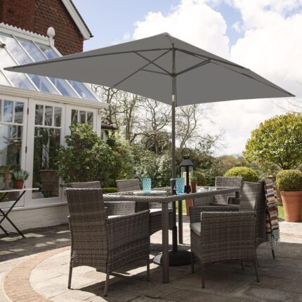 Marston 6 Seater Rattan Garden Dining Set with Grey Parasol - Grey - Glass Top
