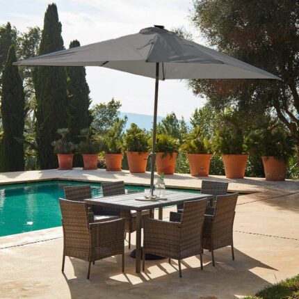 Marston 6 Seater Rattan Garden Dining Set with Grey Parasol - Grey - Polywood Top