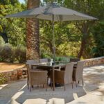 Marston 6 Seater Rattan Garden Dining Set with Grey Parasol - Natural Brown - Glass Top