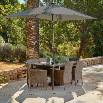 Marston 6 Seater Rattan Garden Dining Set with Grey Parasol - Natural Brown - Glass Top