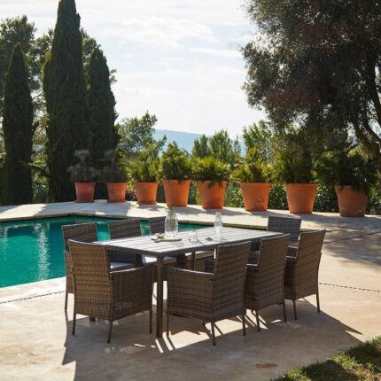 Marston 8 Seater Rattan Garden Dining Set - Grey - Polywood Top