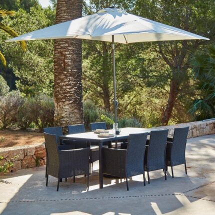 Marston 8 Seater Rattan Garden Dining Set with Cream LED Premium Parasol - Black - Polywood Top