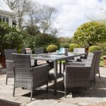 Marston 8 Seater Rattan Garden Dining Set with Cream LED Premium Parasol - Grey - Glass Top - Image 2