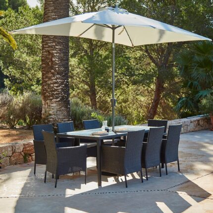 Marston 8 Seater Rattan Garden Dining Set with Cream Parasol - Black - Glass Top