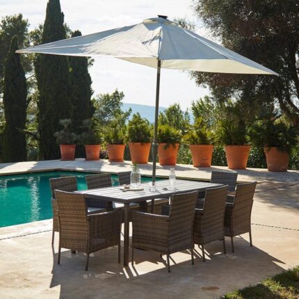 Marston 8 Seater Rattan Garden Dining Set with Cream Parasol - Grey - Polywood Top