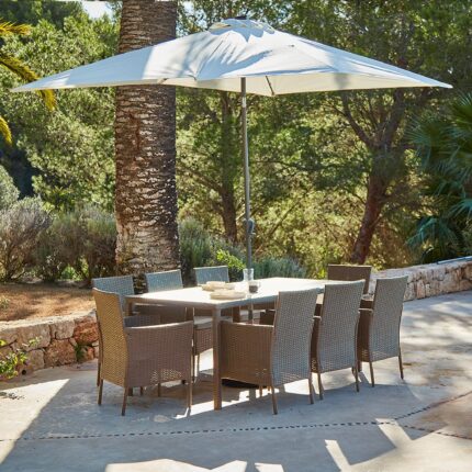 Marston 8 Seater Rattan Garden Dining Set with Cream Parasol - Natural Brown - Polywood Top