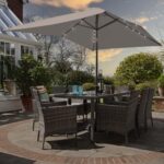 Marston 8 Seater Rattan Garden Dining Set with Grey LED Premium Parasol - Grey - Glass Top