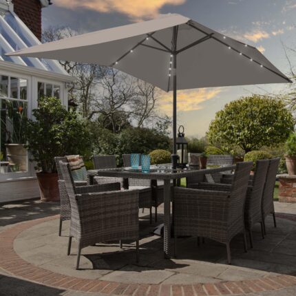Marston 8 Seater Rattan Garden Dining Set with Grey LED Premium Parasol - Grey - Glass Top