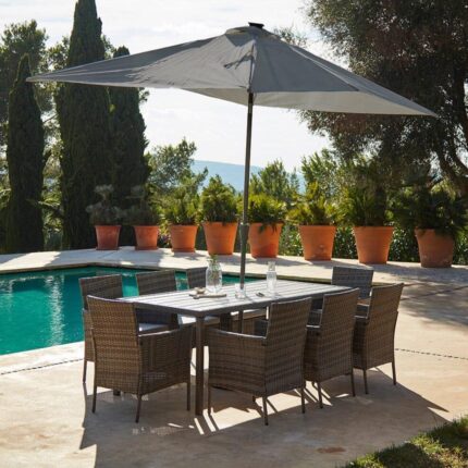 Marston 8 Seater Rattan Garden Dining Set with Grey LED Premium Parasol - Grey - Polywood Top