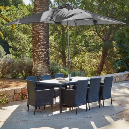 Marston 8 Seater Rattan Garden Dining Set with Grey Parasol - Black - Polywood Top