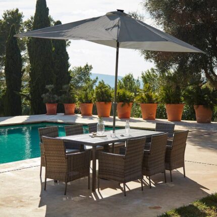 Marston 8 Seater Rattan Garden Dining Set with Grey Parasol - Grey - Polywood Top