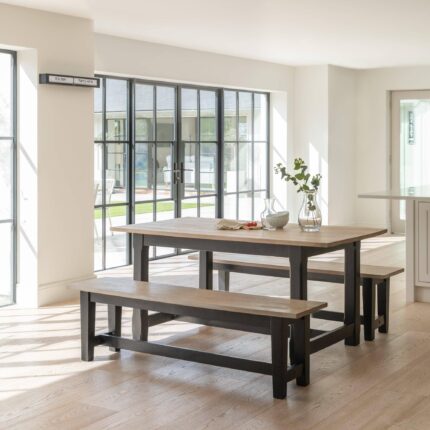 Matilda Chalked Mango Wood Dining Table Set -  2 x Matilda Benches - Black
