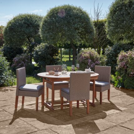Oakley 4 Seater Wooden Extendable Round Garden Dining Table with 4 Rattan Dining Chairs