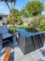 Cube 8 Seater Rattan Outdoor Dining Set with Grey LED Premium Parasol - Black Weave - Image 4