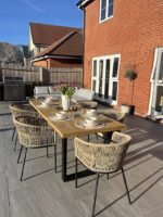 Hali 6 Seater Wooden Outdoor Dining Set with Hali Natural Chairs & Cream LED Premium Cantilever Parasol - 235cm - Image 5