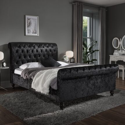 Outlet - Black Crushed Velvet Sleigh Bed Frame King Size