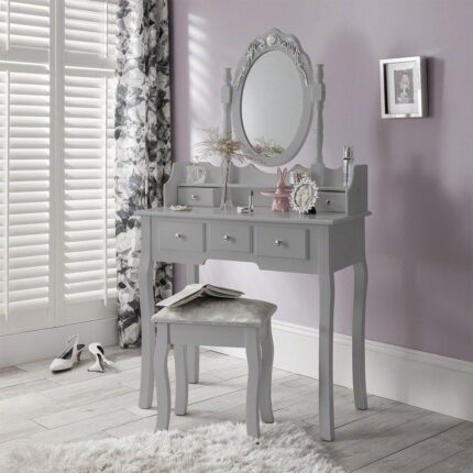 Outlet – Capri Grey Dressing Table, Stool & Mirror Set