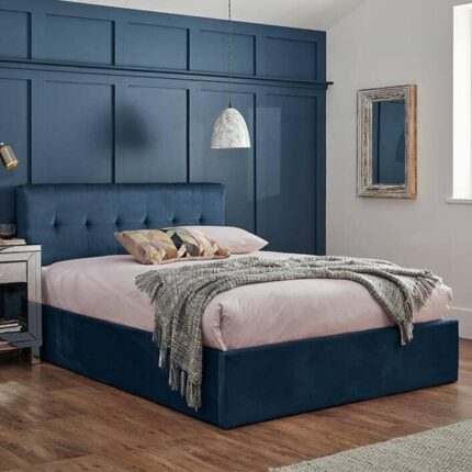 Outlet - Elle King Size Ottoman Bed - Blue Velvet