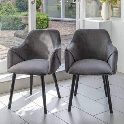 Outlet - Freya Dining Chairs with Arms - Set of 2 - Grey & Black Wood