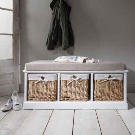 Outlet – Fyfield Hallway Storage Bench in White with cushion