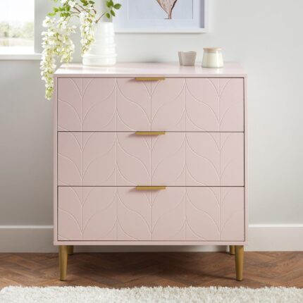 Outlet - Gloria 3 Drawer Chest of Drawers - Pale Pink & Brass Effect