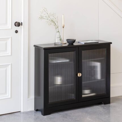 Outlet - Lua Narrow 2 Door Sideboard In Noir Black With Fluted Glass