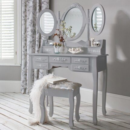 Outlet - Monaco Dressing Table, Stool & Mirror Set - Grey Painted