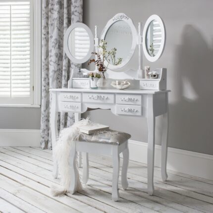 Outlet – Monaco Dressing Table, Stool & Mirror Set - White Painted