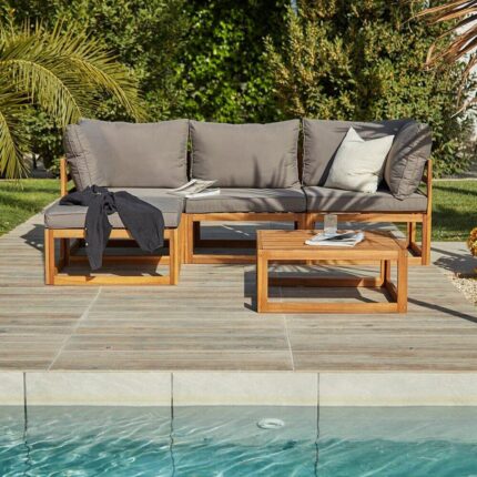 Rowan 3 Seater Wooden Garden Sofa Set with Footstool & Coffee Table - Grey