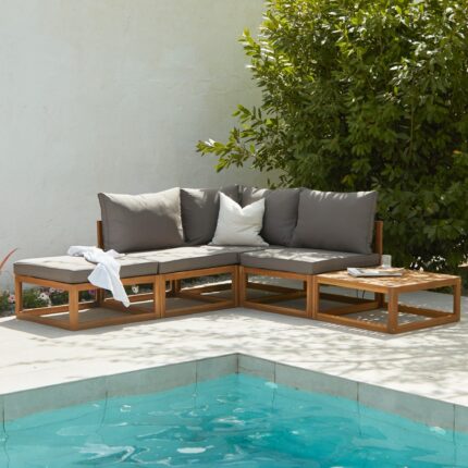 Rowan 4 Seater Wooden Garden Chaise Corner Sofa Set - Grey