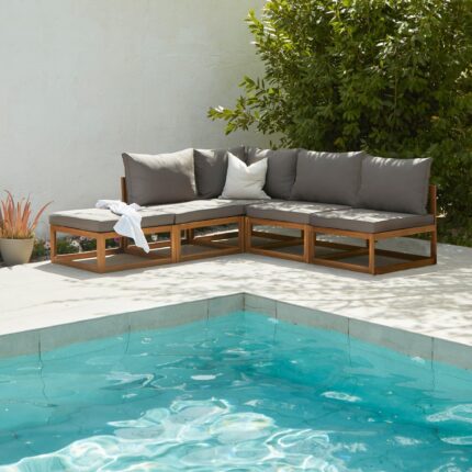 Rowan 5 Seater Wooden Garden Chaise Corner Sofa Set - Grey