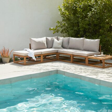 Rowan 5 Seater Wooden Garden Chaise Corner Sofa Set with Coffee Table - Natural