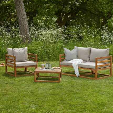 Rowan Wooden 2 Seater Sofa - Armchair & Coffee Table Garden Set - Natural