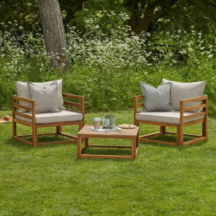 Rowan Wooden Garden 2 Armchairs & Coffee Table - Natural