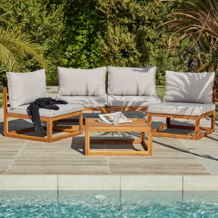 Rowan Wooden Garden 2 chairs with 2 Seater Sofa & Coffee Table - Natural