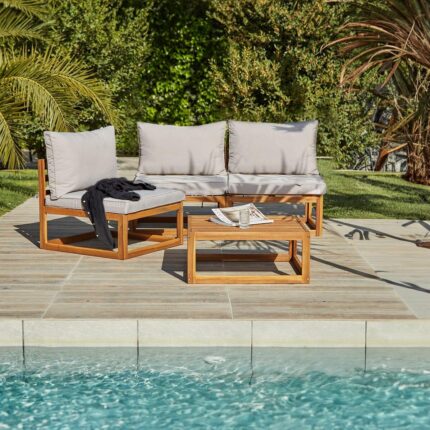 Rowan Wooden Garden Armchair with 2-Seater Sofa & Coffee Table Set - Natural