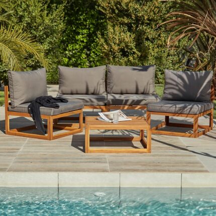 Rowan Wooden Garden Set with 2 Seater Sofa - 2 Chairs with Coffee Table - Grey