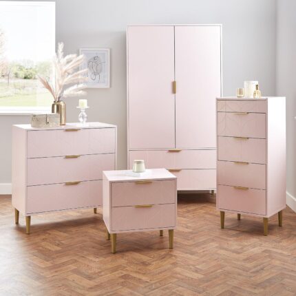 Set-Gloria Bedside Table - 3 Drawer Chest - Tallboy & Wardrobe - Blush Pink