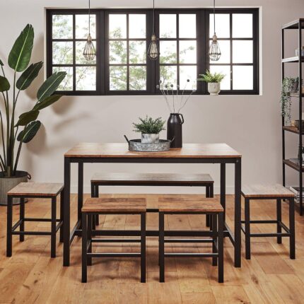 Sheffield Rich Oak Dining Table Set - 6 Seater - 1 Sheffield Bench & 4 Stools - Matte Black Legs