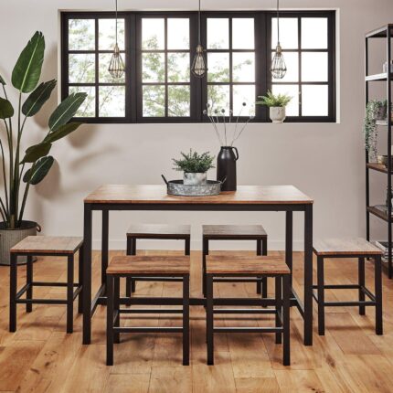 Sheffield Rich Oak Dining Table Set - 6 Seater - Sheffield Stools - Matte Black Legs