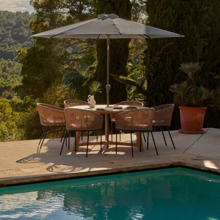 Shiro 6 Seater Wooden Round Dining Table with 6 Hali Natural Rope Chairs & Grey Parasol - 160cm