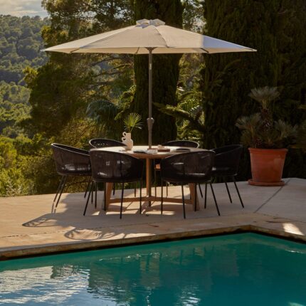 Shiro 6 Seater Wooden Round Garden Dining Table with 6 Hali Black Rope Chairs & Cream Parasol - 160cm