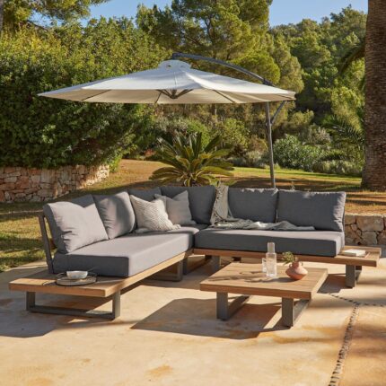 Shiva Garden Corner Sofa Set with Cream Lean Over Parasol - Grey