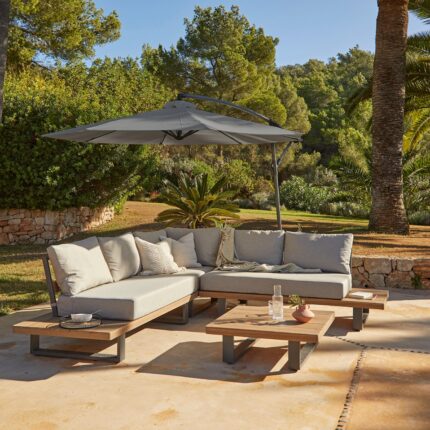 Shiva Garden Corner Sofa Set with Grey Lean Over Parasol - Stone