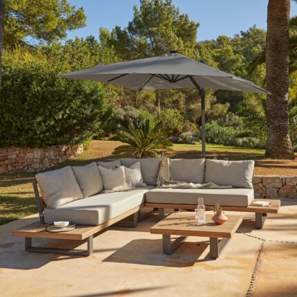 Shiva Garden Corner Sofa Set with Grey LED Premium Parasol - Stone