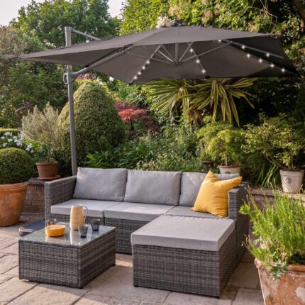 Weston 4 Seater Rattan Corner Sofa Set with Grey LED Premium Cantilever Parasol & Base - Grey Weave